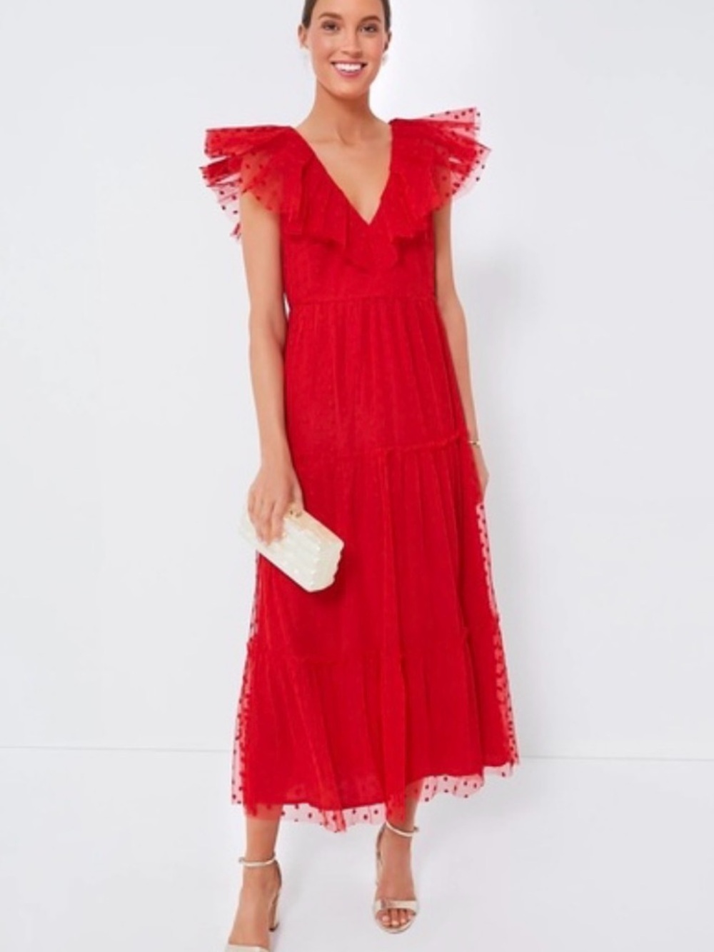 Tuckernuck Red Giselle V-Neck Ruffle Tulle Maxi Dress